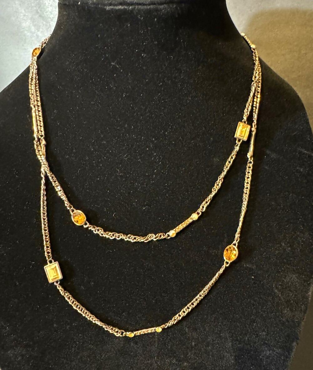 VTG Givenchy Double Strand Long Opera Chain Necklace Amber Rhinestone Bar Signed